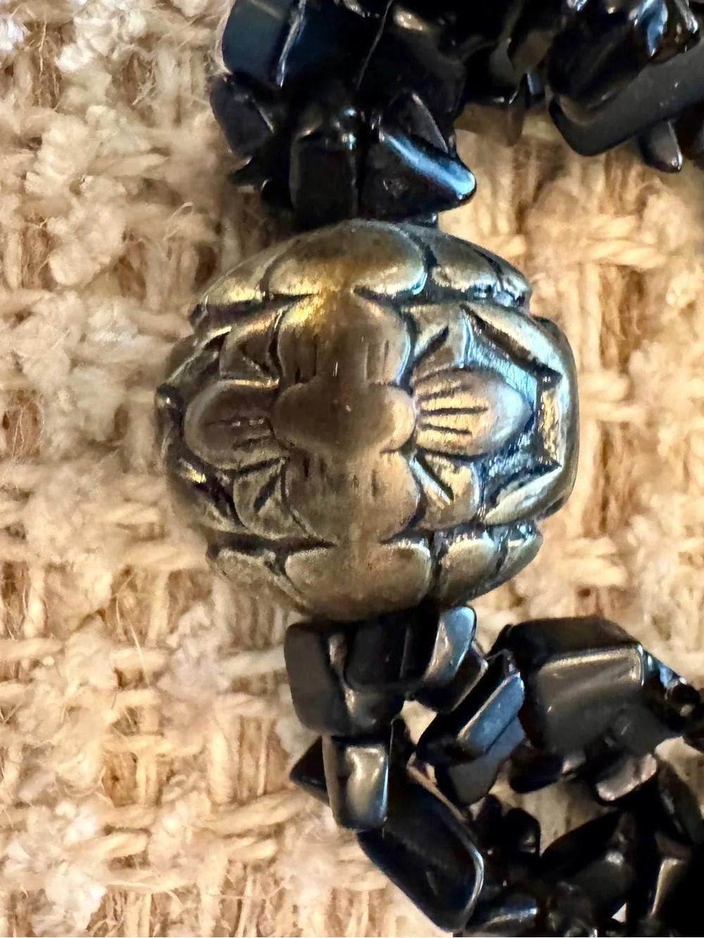 Vintage Black Onyx Chip Bracelet Engraved Floral Metal Bead Whimsy goth Chunky